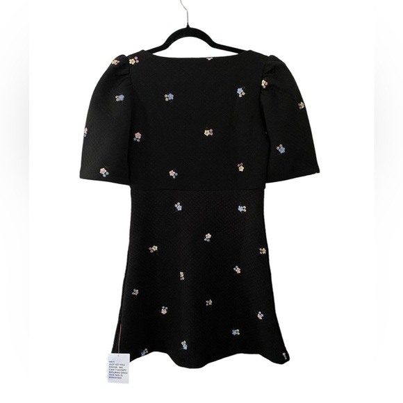 ASOS NWT Black Quilted Mini 90s Dress Babydoll w Ditsy Floral Embroidery Size 2 - Picture 3 of 9